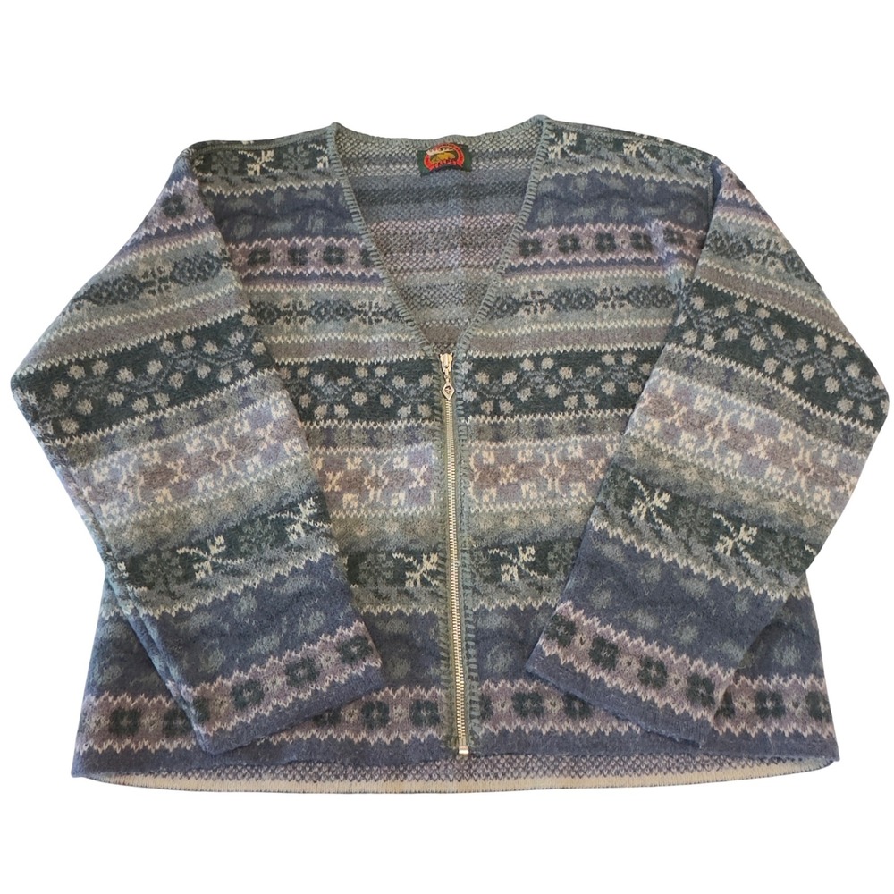 Alps Vintage Womens Blue Fair Isle 100% Wool Full Zip Cardigan Sweater Large USA